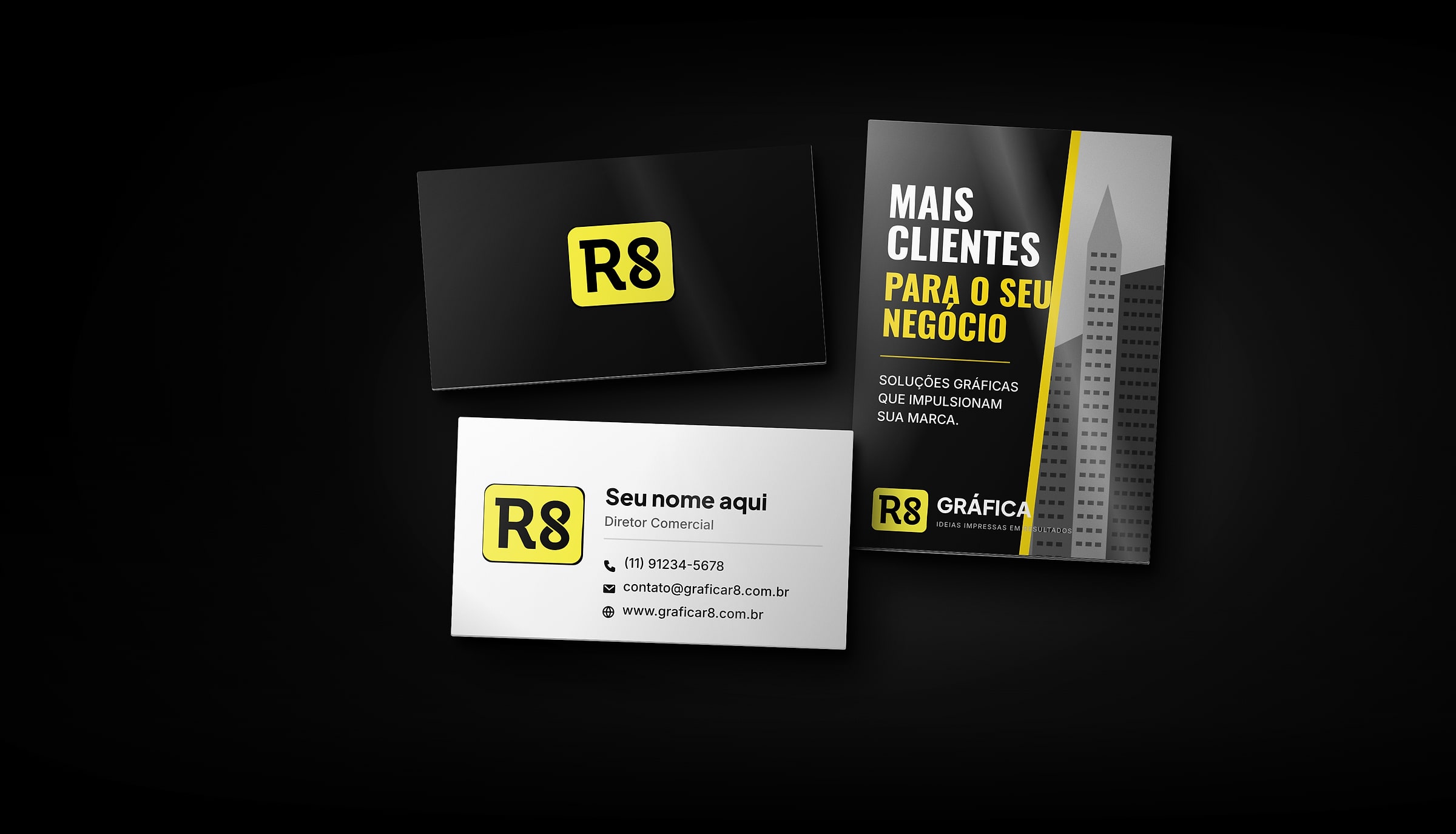 Cartões de visita pretos e brancos e um folheto preto e amarelo da Gráfica R8 sobre fundo escuro